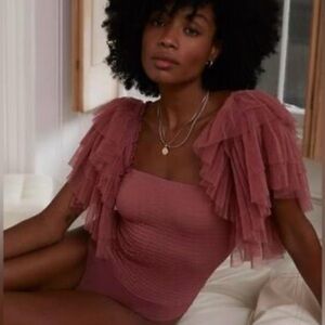 Free People Pink Ruffled Sleeve Dreamy Fitted Bodysuit Size LG NWOT